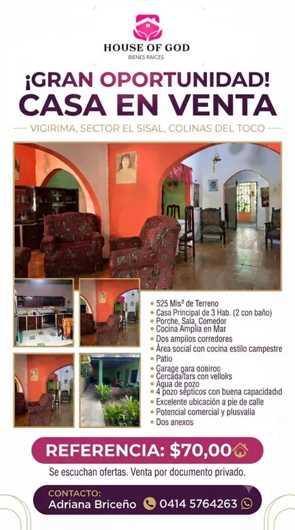 Casa en Via Vigirima Sector El Sisal, Colinas del Toco — USD 70.000