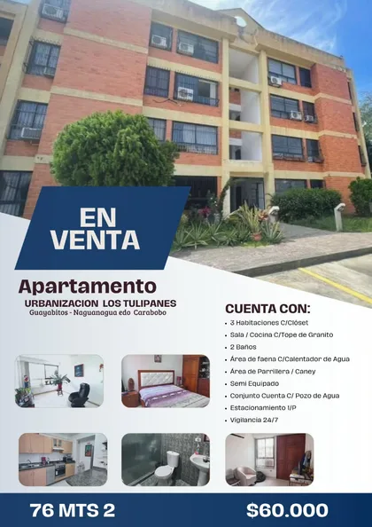 Apartamento en urbanización Tulipanes en Naguanagua - Los Guayabitos — USD 60.000